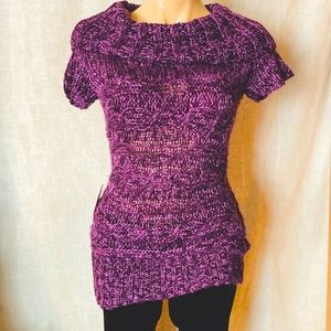 At Last fuschia purple knit short sleeve cowl neck sweater. Size Large